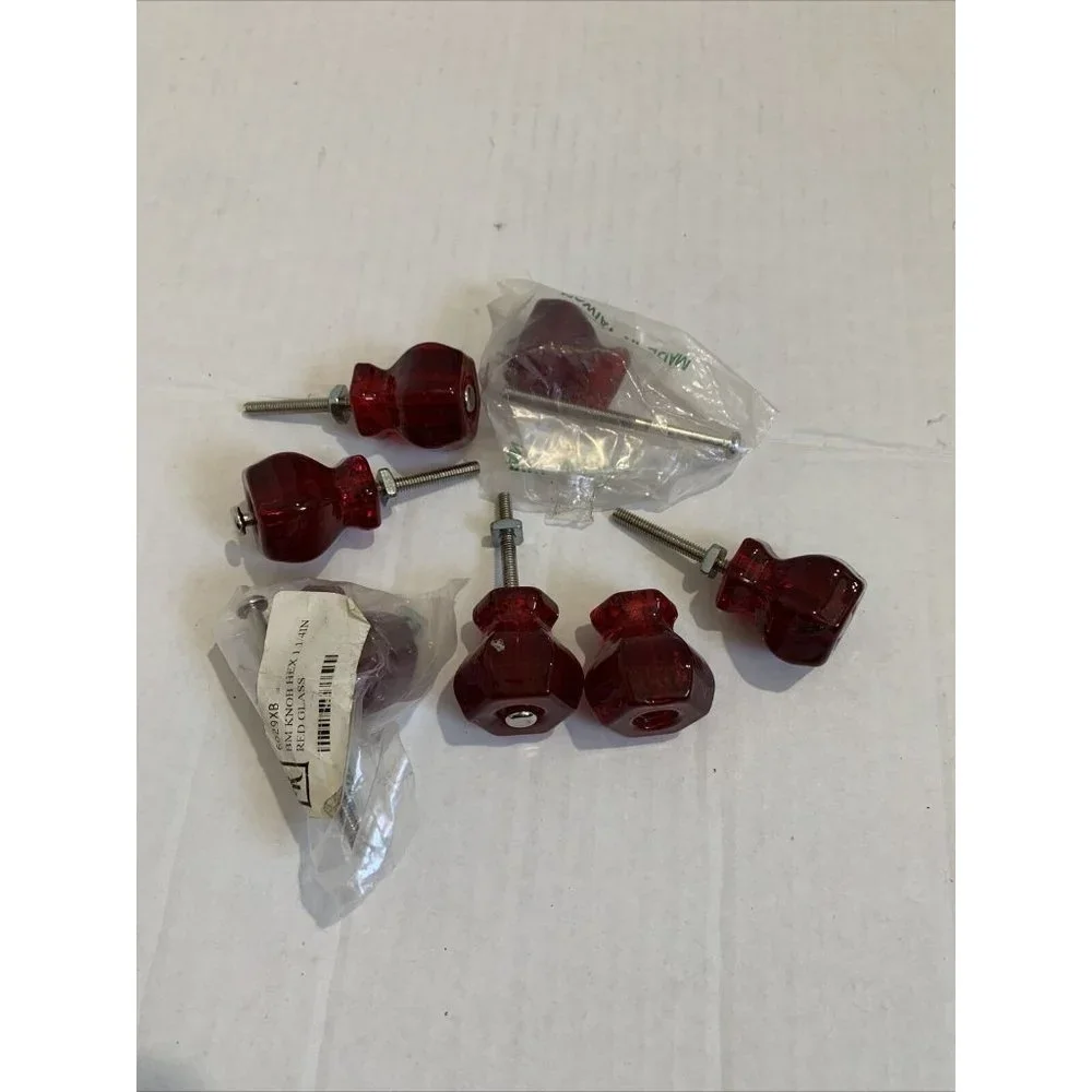 Candy Red Glass Drawer Pulls Cabinet Knobs Vintage Style 1 1/4" SET OF 6 - Picture 1 of 8
